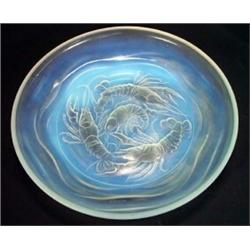 Large circular Etling opalescent shallow bowl, moulded with lobsters, signed G. Beal and Etling m…