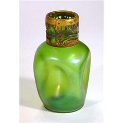 Green pinched irridescent glass vase with gilt Art Nouveau floral mount, 15cm high…