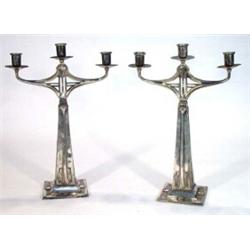 Large pair of Art Nouveau successionist style silver plated three branch candelabra with square b…