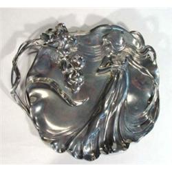 Large WMF silver plated Art Nouveau dish moulded with stylized flowers and a young maiden in a fl…