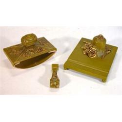 Three piece Art Nouveau Louis Famin bronze and gilt rose design desk set, comprising inkwell with…