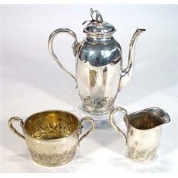 Three piece silver plated Art Nouveau teaset, comprised teapot, milk jug and twin handled sugar b…