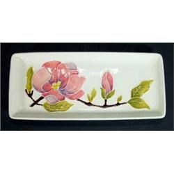 Rectangular Moorcroft tray, hand decorated with ivory magnolia pattern ,impressed marks to base, …