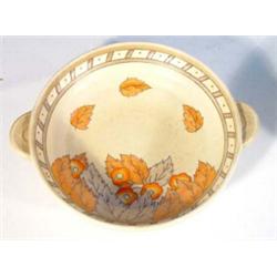 Crown Ducal hand painted Charlotte Rhead twin handled bowl, decorated with golden leaves, marks a…