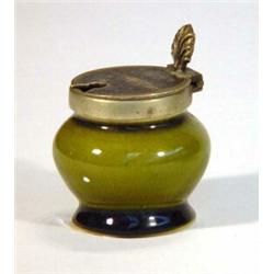 Green glazed Linthorpe Pottery salt with silver plated mount, impressed marks and 1475 to base, 6…