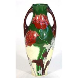 Hand painted Foley intarsio twin handled vase, hand painted with stylized flowers, marks to base,…