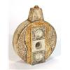 Image 1 : Circular Troika pottery lamp base, incised with an abstract pattern, decorated in browns and oran…