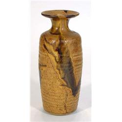 Cylindrical Colin Pearson Studio pottery vase with flared rim, decorated in browns, impressed mar…