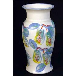 Hand painted and sponged pear design Poole Pottery trial vase, decorated by A. Clarke, impressed …