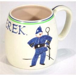 Hand painted Poole Pottery Nursery ware mug, named 'Derek' and hand painted with a policeman, mar…