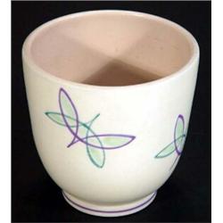 Hand painted Poole free form vase, decorated in a green and purple abstract pattern, marks to bas…