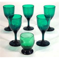 Set of five green glasses and a green glass tumbler largest 15cm high…