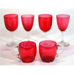 Four clear and Cranberry wine glasses and two Cranberry custard glasses, largest 14cm high…