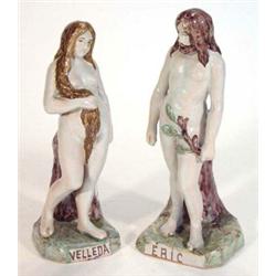 Pair of continental faience figures 'Velleda and Eric' 29cm high…