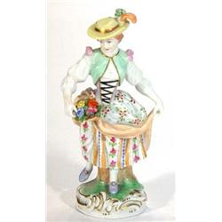 Hand painted Dresden porcelain figurine of a lady with basket of flowers, marks to base, 17cm hig…