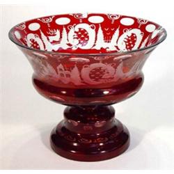 Bohemian clear and ruby glass pedestal bowl, decorated with stags and garden scenes, 20cm diamete…