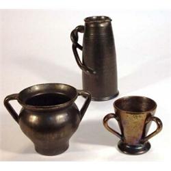 Black glazed Dicker ware jug, twin handled bowl and a tyg, tallest 20cm high…