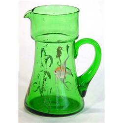 Green glass jug, hand enamelled with angel, goldfish and seahorses, 19cm high…