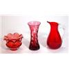 Image 1 : Cranberry glass pot with fluted rim, cranberry coloured glass vase and a red glass jug with clear…