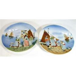 Two hand coloured and transfer printed Dutch plates depicting barges and people, 30cm diameter…