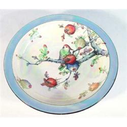 Crown Ducal iridescent glazed bowl, hand coloured and transfer printed with a parrot on a branch …