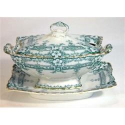 Victorian Richmond Pottery tureen on stand with cover, transfer printed with green flowers, marks…