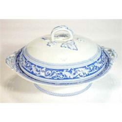 Victorian blue and white transfer printed tureen with leaf shaped handle, decorated with Maltese …