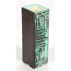 Green and black Tremaen pottery 'Newlyn' vase, decorated with an abstract moulded pattern, 15cm h…