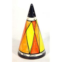 Hand painted Crown Devon Harlequin patterned conical sugar sifter, marks to base, 15cm high…