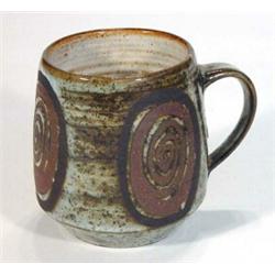 Briglin pottery mug, decorated with a brown abstract pattern, impressed marks to base, 12cm high…