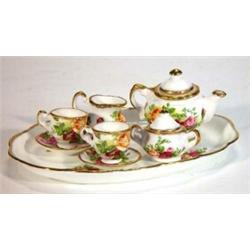 Miniature Royal Albert Old Country Rose tea for two set on tray, marks to base…