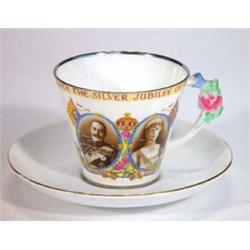 Handcoloured and transfer printed Paragon Silver Jubilee commemorative cup and saucer with floral…