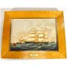 Image 1 : Birdseye maple framed Wedgwood plaque of a clipper ship 'Hurricane', marks to back…