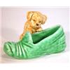 Image 1 : Green and straw glazed Sylvac dog beside a shoe, 12cm long, impressed mark to base…