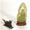 Image 1 : Carved green jade Indian seated god on wooden stand and a carved black Chinese dragon on rectangu…