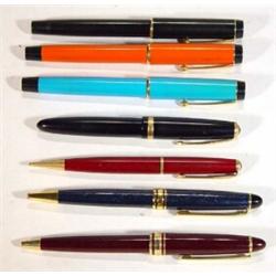 Selection of fountain pens and biros, including orange, blue and black colour Parkers, Parker Duo…