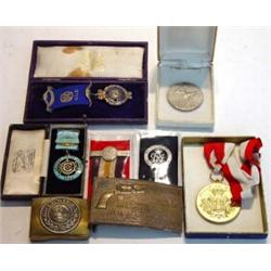 Group of military Masonic and other badges including For King and Empire Services Rendered medal,…