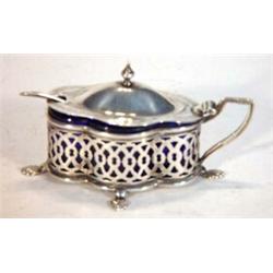 Silver Georgian style pierced mustard with blue glass liner and spoon, Birmingham, 1903…