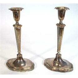 Pair of Sheffield plate candlesticks with shaped bases and sconces, 25cm high…