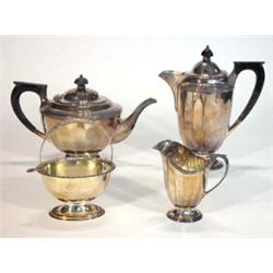 Three piece silver plate teaset comprising teapot, water jug and milk jug, with ebony knops and h…