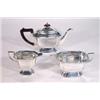 Image 1 : Silver plated three piece teaset, comprised teapot, milk and sugar with ebonised knop and handle…
