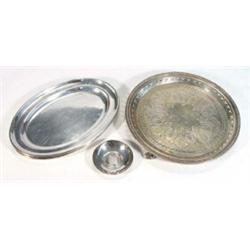 Continental silver dish, two Mappin & Webb silver plated army dishes and a chased silver plated c…