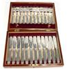 Image 1 : Mahogany cased set of twelve silver plated fish knives and forks with floral chased blades…