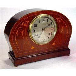 Edwardian inlaid mahogany chiming mantel clock, 26cm high…