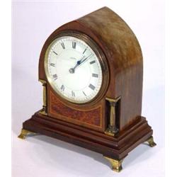 Heart shape mahogany and inlaid burr maple mantel clock with brass column supports and bracket fe…