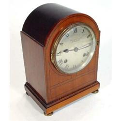 Edwardian ebony inlaid chiming mantel clock with silvered dial, Finnegans Limited, Manchester, 25…