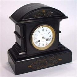 J W Benson black slate chiming mantel clock with enamel dial, 28cm high…