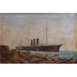 Framed oil on canvas of the passenger ship the New York off a rocky coast, E C Kerkin 1902, 74cm …