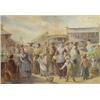 Image 1 : Framed watercolour of a busy Edwardian market with children, fruit and dog, 50cm x 34cm…