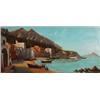 Image 1 : Framed oil on canvas of a Mediterranean cove with buildings, mountains, fishermen and nets, 20cm …